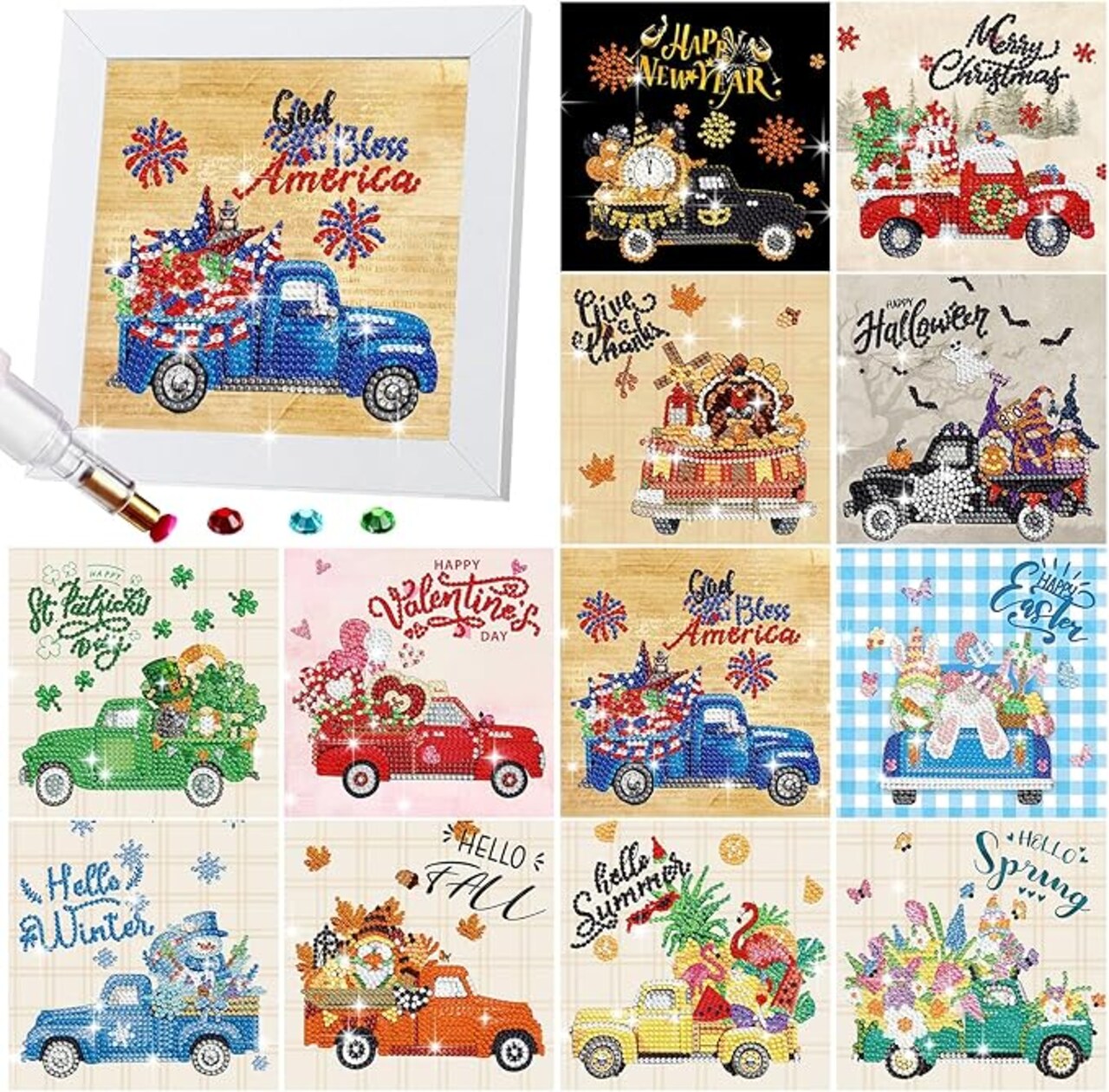 13 Pcs Interchangeable Seasonal Diamond Painting Kits 5D Summer 4th of July Diamond Art Kits with Frame for Cute Cartoon Holiday Table Decor Art Craft Gifts(Truck)